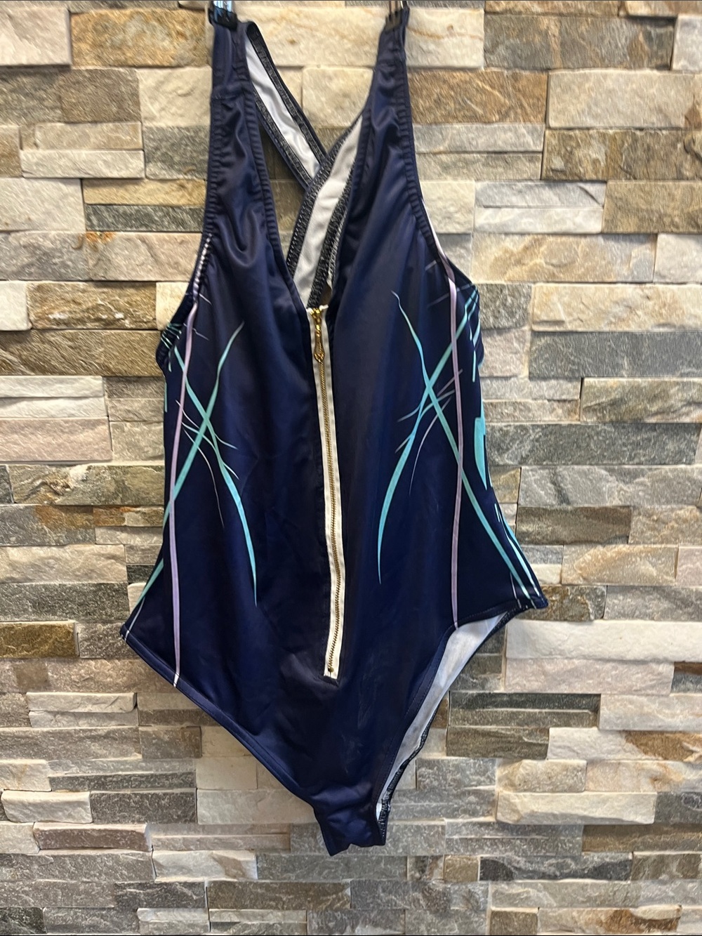 Women’s Navy One-Piece Swimsuit with Front Zip and Pastel Accent Print - Picture 2 of 8